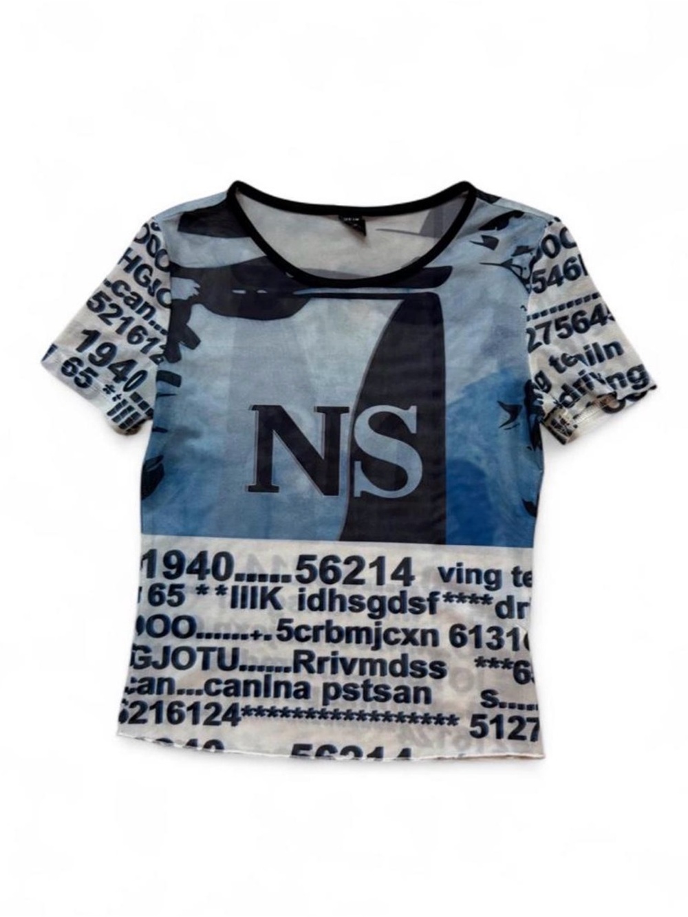 Blue & White Newspaper Graphic Mesh Crop Top